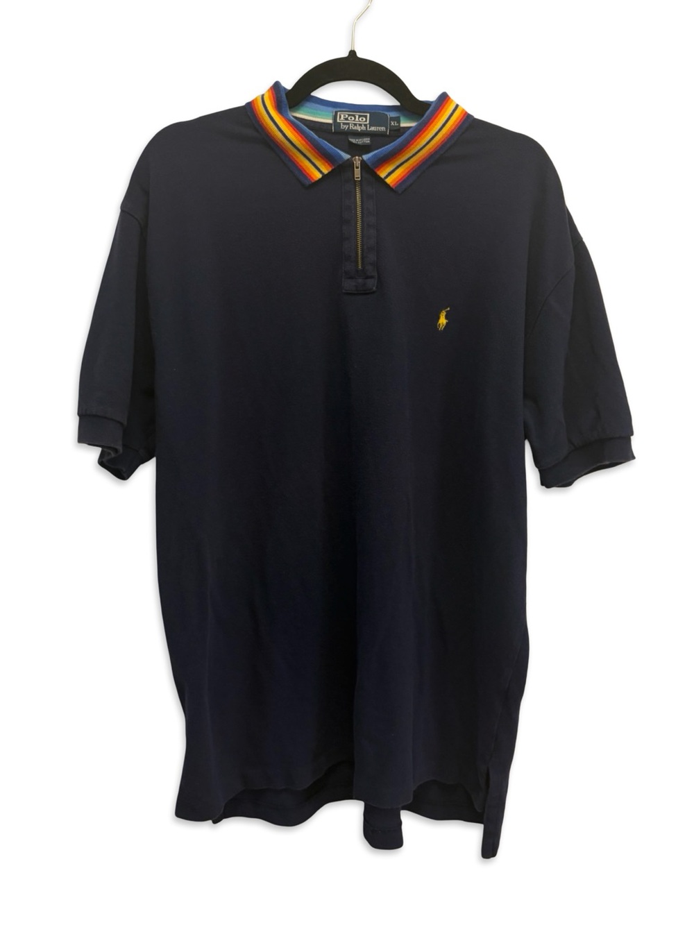 Polo Ralph Lauren Zip Polo Shirt Men's XL Navy 100% Cotton Striped Collar